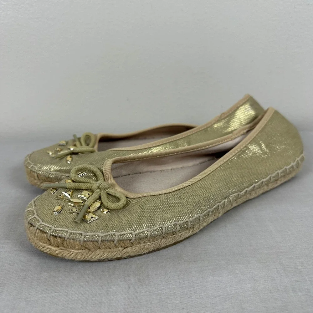 Style & Co Women's 8M Valor Espadrille Flats Gold Metallic Rhinestone Bow